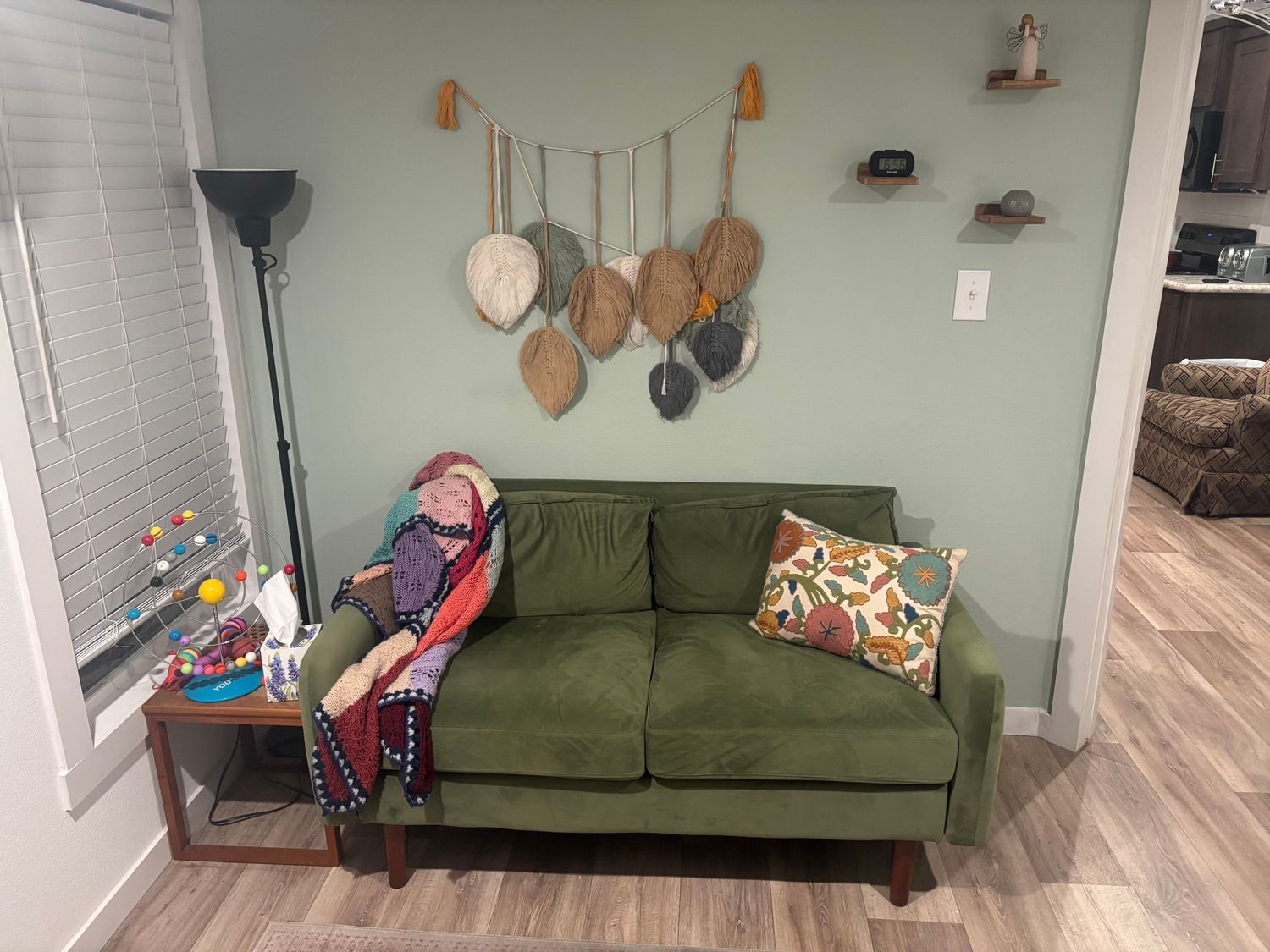 Therapy office seating area with colorful wingback chairs